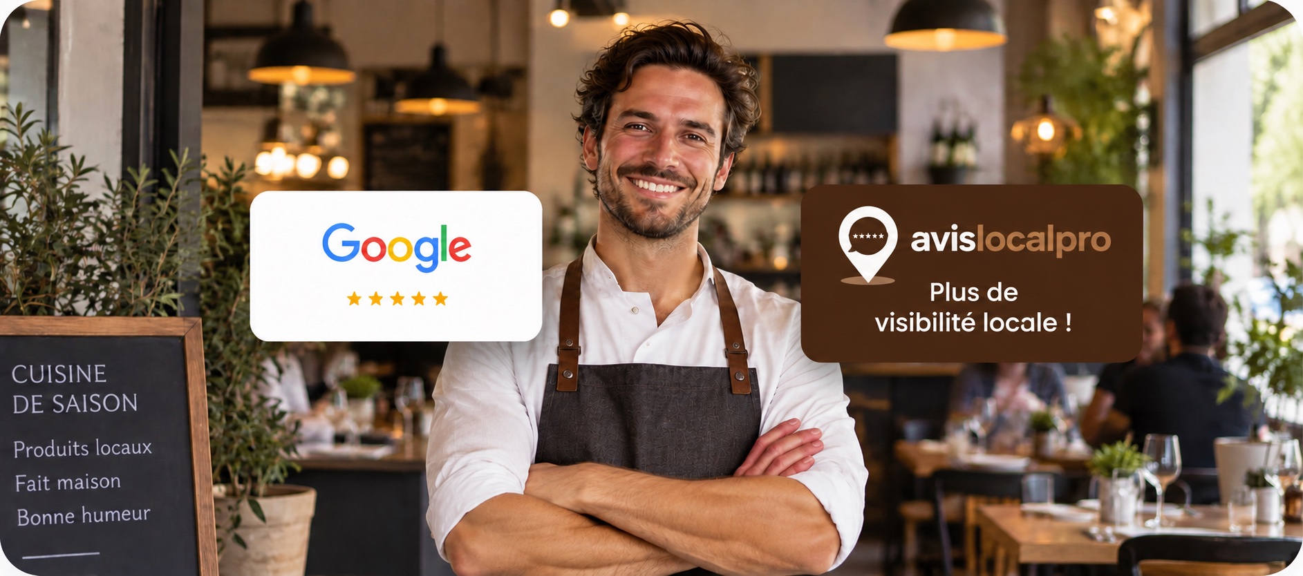 Restaurateur souriant dans son établissement, avec la carte Google 5 étoiles et le badge AvisLocalPro « Plus de visibilité locale »